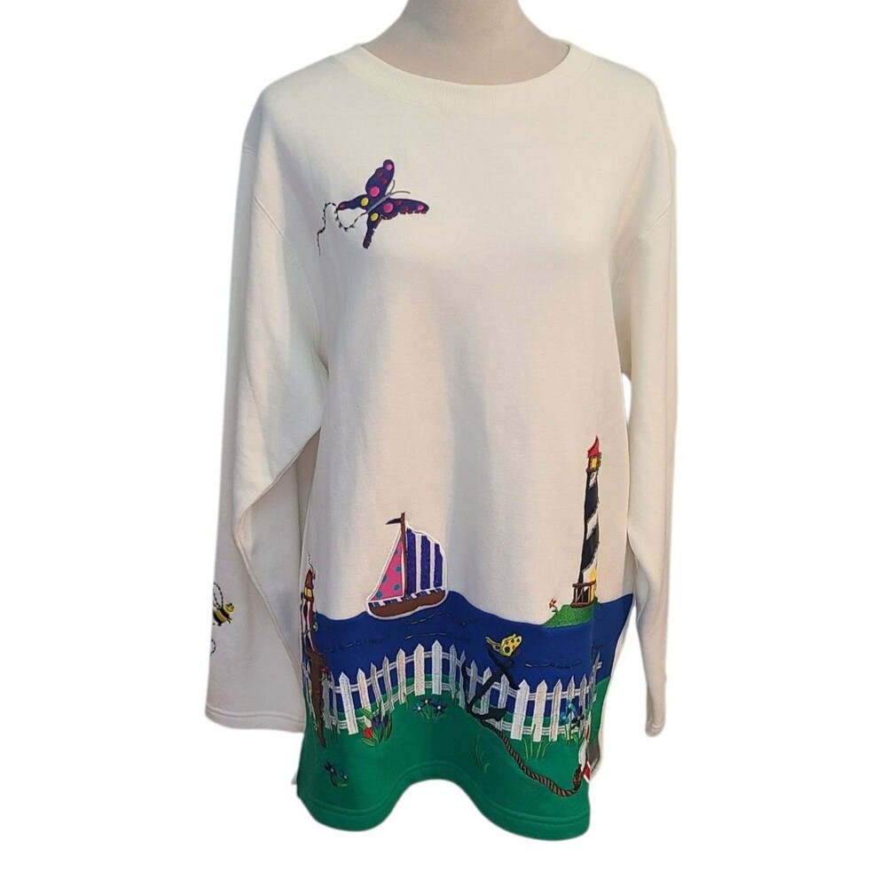 Quacker Factory Cape Lighthouse Beach Sailboat Sweatshirt Embroidered Sz L NWT